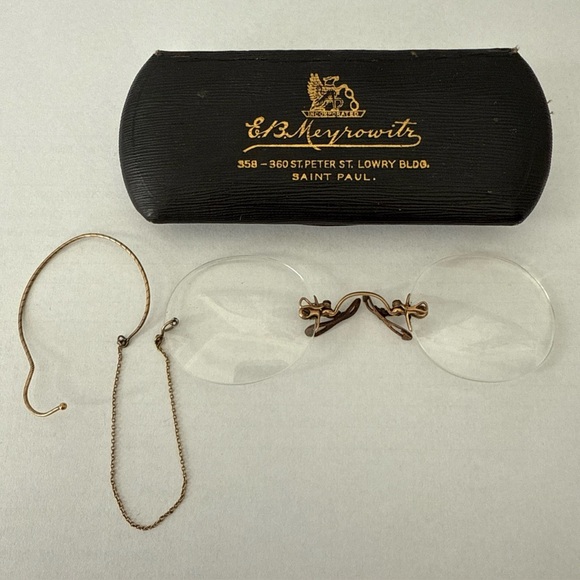 Antique E.B. MEYROWITZRimless Pince-nez Eyeglasses w/ Case vintage Saint Paul